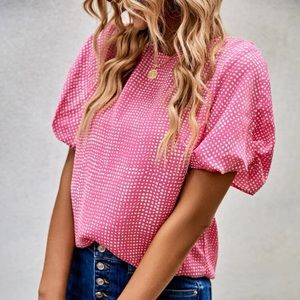 Pink textured puffy sleeve work blouse